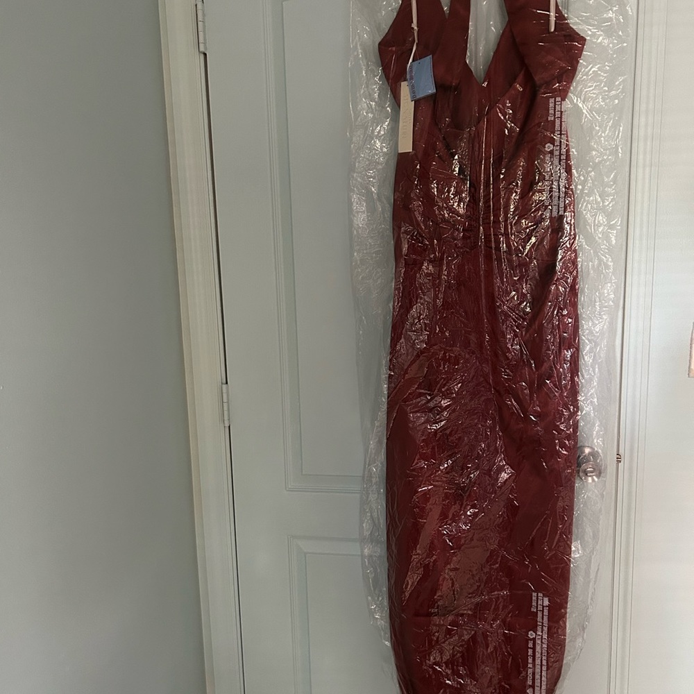 Charmeuse halter bridesmaid dress - color is Cinnamon - Picture 4 of 5